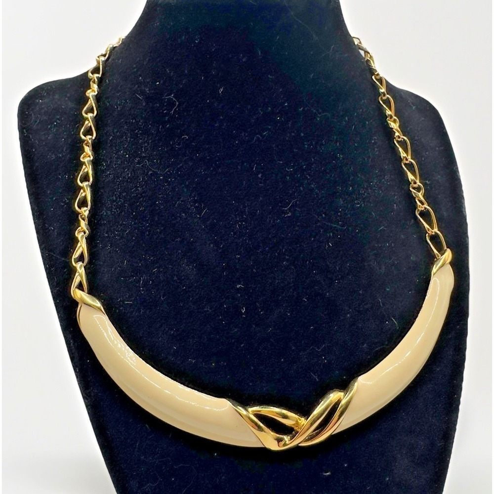 Vintage Monet Choker Necklace Gold Tone & Cream Enamel Hook Clasp 17" 1980s